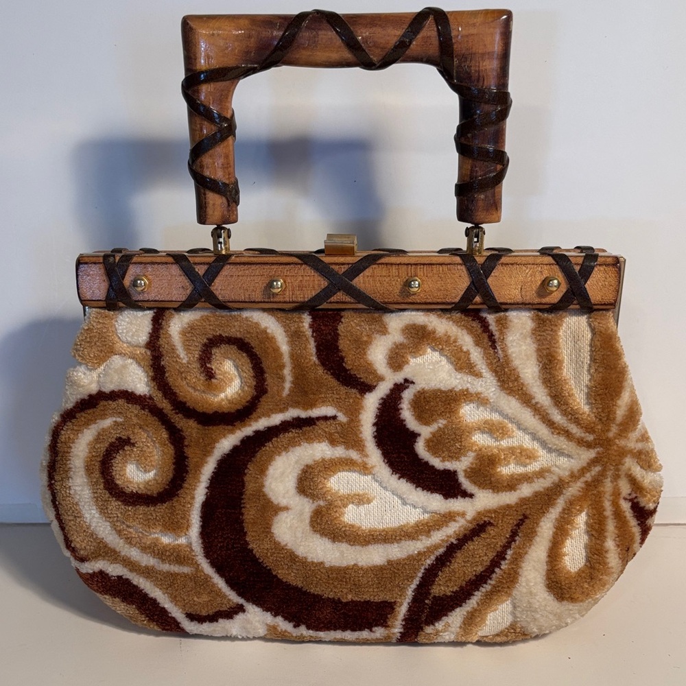 Vintage 1960’s Upholstery Handbag with Wood Handle Made in Italy